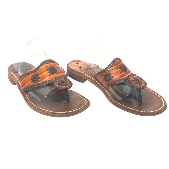 Jack Rogers Low Slide Thong Sandal Wide Whipstitch Vamp Cognac Croc Brown Tan - Picture 1 of 8